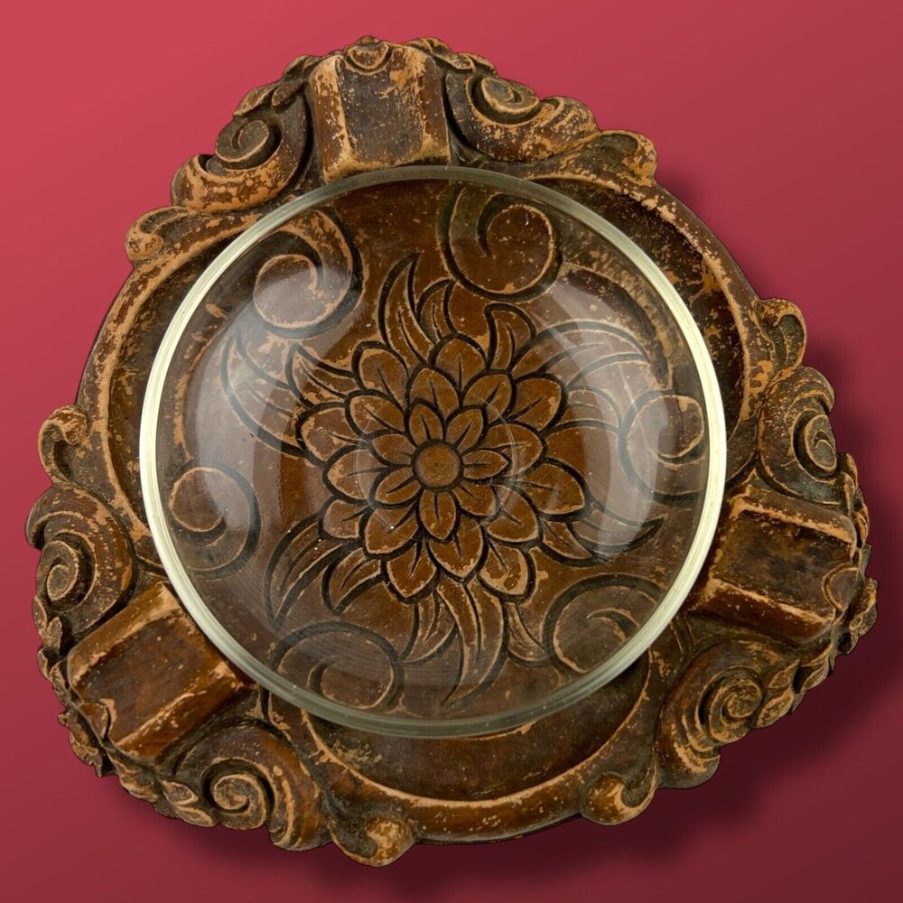 Antique Art Nouveau Floral Wood Glass Ashtray Hand Carved Cottagecore Boho